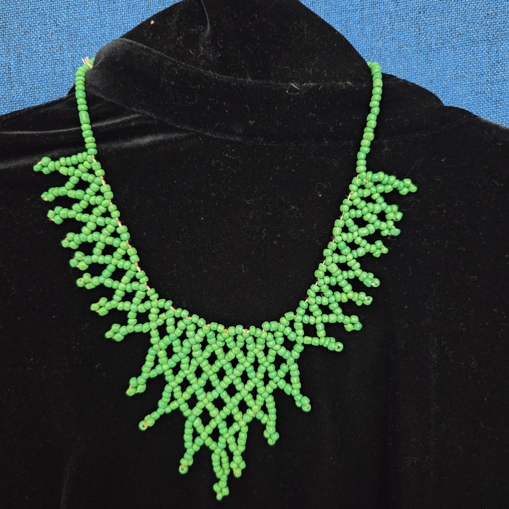 Handcrafted Green Seed Bead Woven Bib Necklace Boho Geometric Statement Fringe